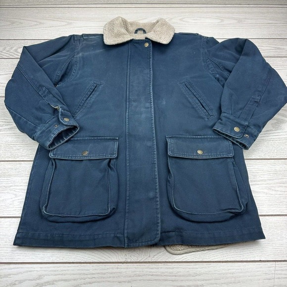 Cabela's Women M Reg Sherpa Lined Canvas Jacket Chore Coat Navy Blue Western Zip - Picture 2 of 9